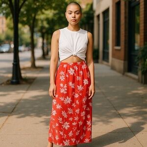 Womens Boho Floral Romantic  Slit Sheer MIDI Skirt Size 2 Spring Summer Vacation